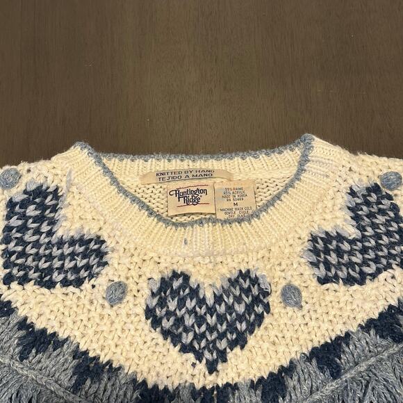 Vintage Huntington Ridge Blue & Cream Heart Hand Knitted Sweater Size M - Picture 7 of 7